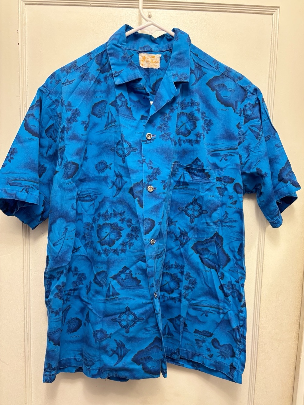 Ui-Maikai Island Map Print Vintage Hawaiian Button Front Camp Shirt Vibrant Blue